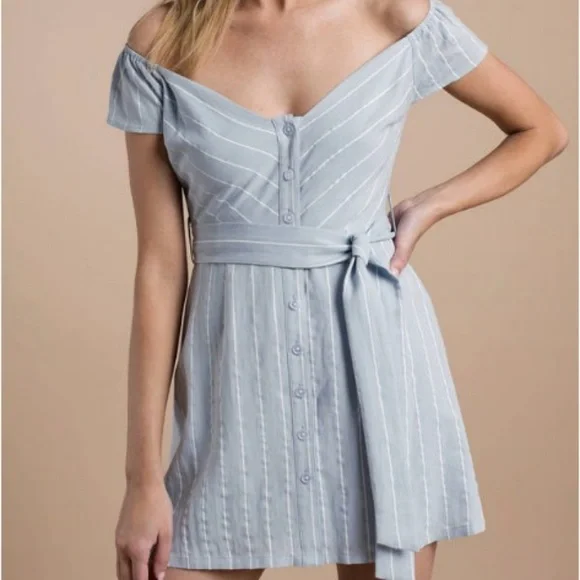 Tobi Dresses Tobi Light Blue Stripe Off The Shoulder Dress